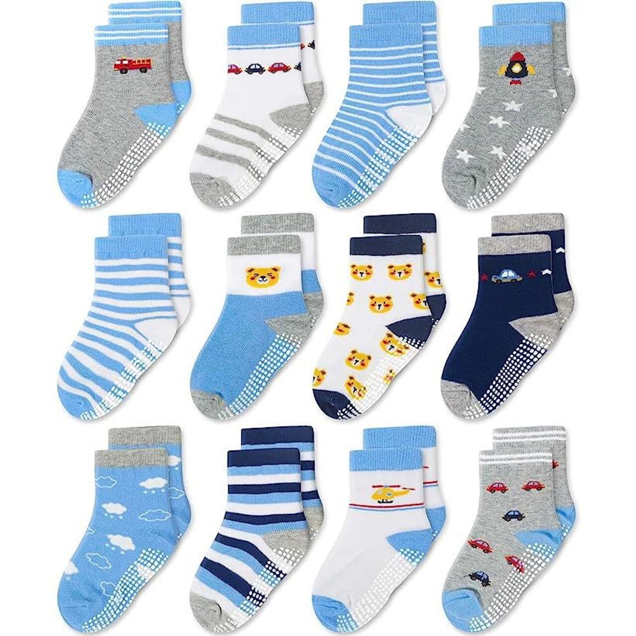 CozyWay Baby & Toddler Socks with Grippers - Soft Comfy Cotton & Non-Slip Grippers for Toddler Grip Socks - 1T-3T, Pack of 12, Blue/White Multicolor, Crew